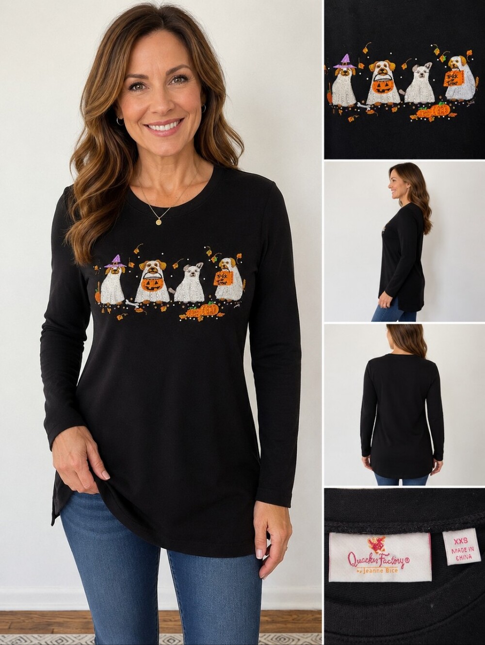Quacker Factory Halloween Ghost Dog Embellished Tunic Top XXS Black Long Sleeve